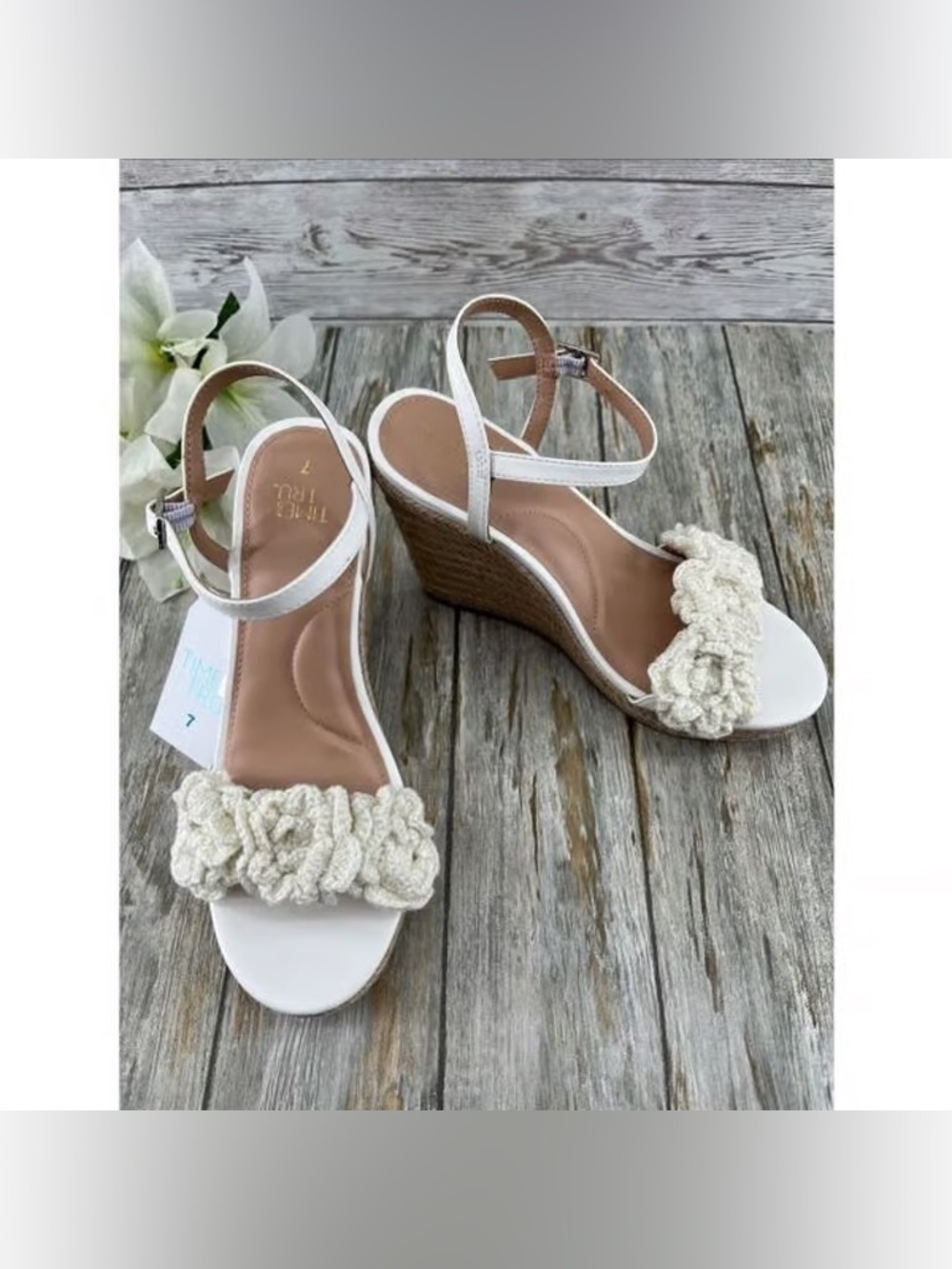 Time and Tru White Crochet Floral Espadrille Wedge Sandals